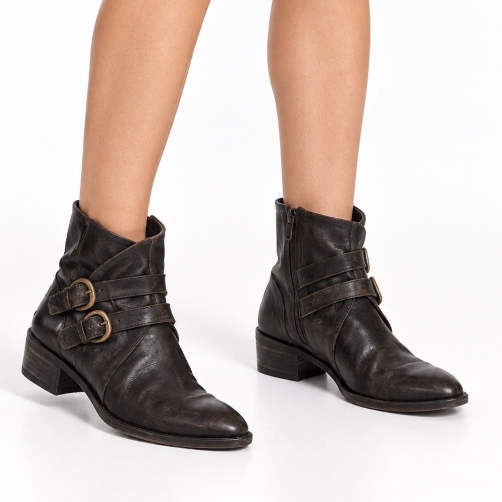 Born Vintage Dark Brown Leather Double Buckle Moto Ankle Boots Women's Size 11M